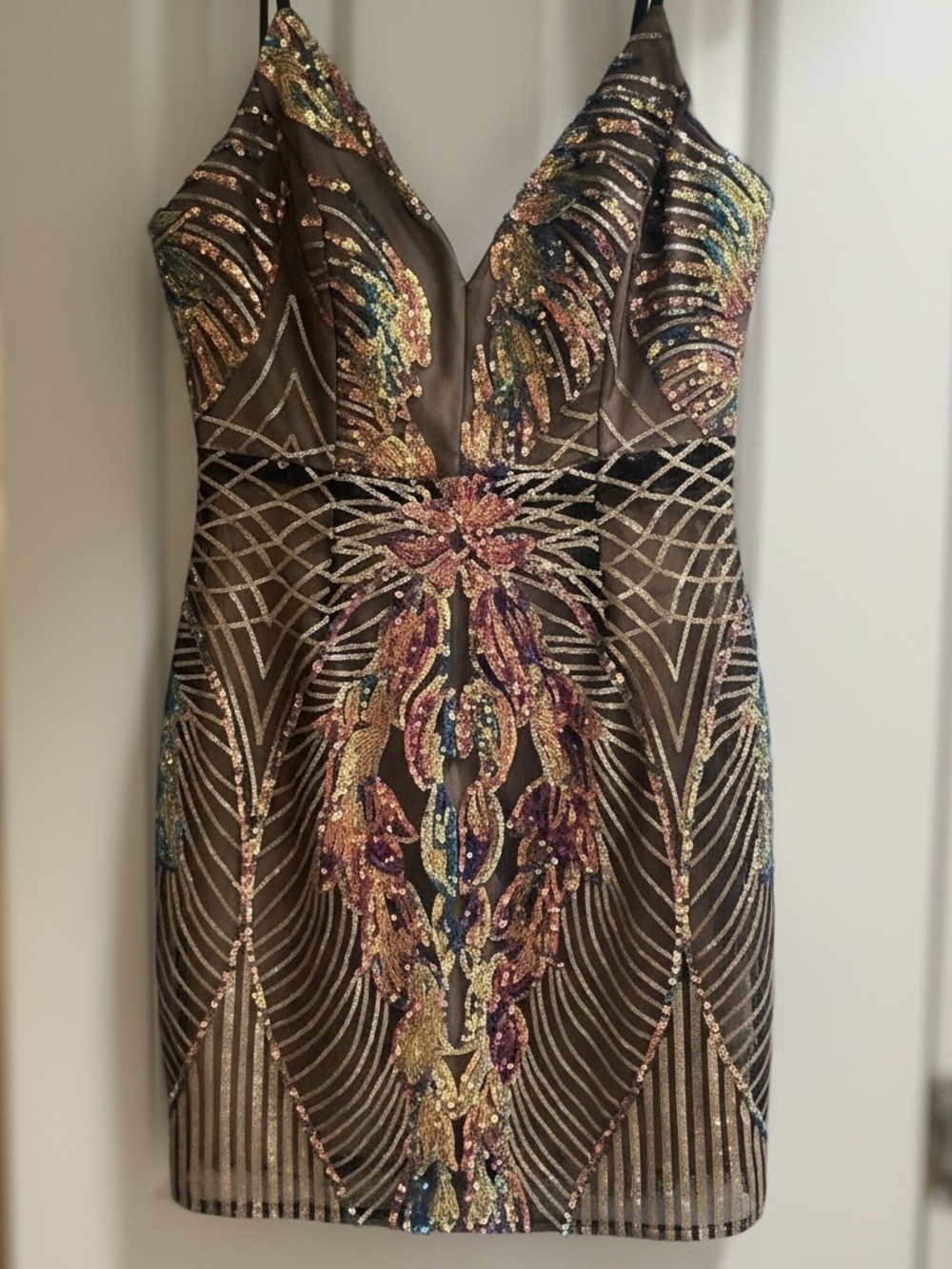 Black Sequin Embellished Mini Dress with Multicolor Accents